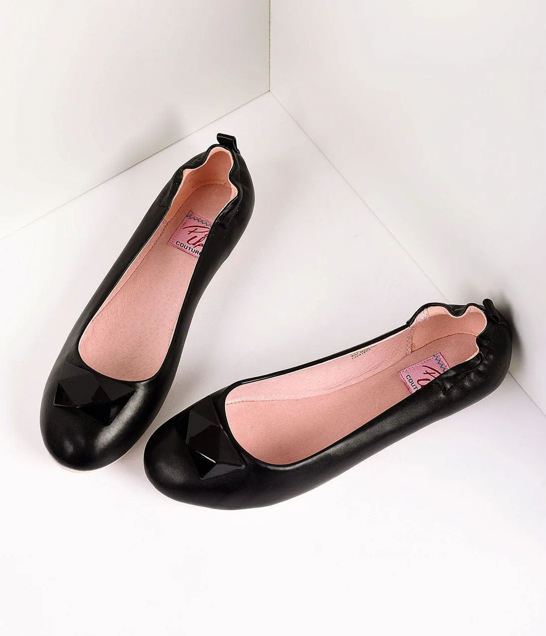 Vintage Style Black Leatherette & Geometric Gem Ballet Flats