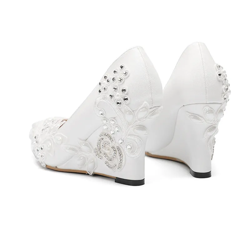 Women flower rhinestone pointed closed toe wedge white heels