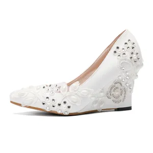 Women flower rhinestone pointed closed toe wedge white heels