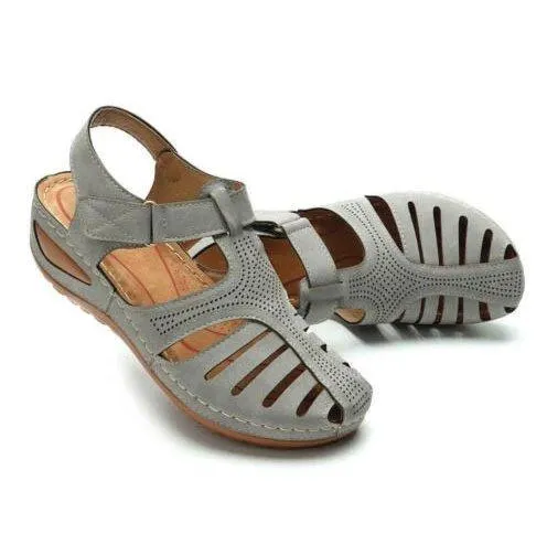 Women Summer Hollow Out Closed Toe Velcro Wedge Sandals