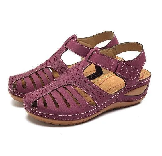 Women Summer Hollow Out Closed Toe Velcro Wedge Sandals