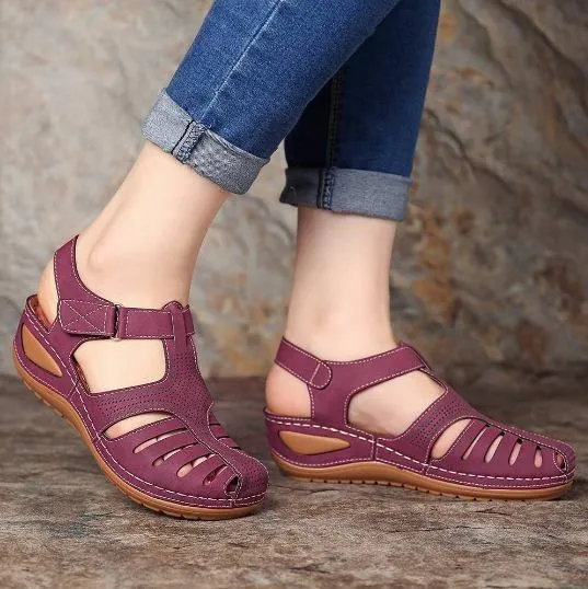 Women Summer Hollow Out Closed Toe Velcro Wedge Sandals