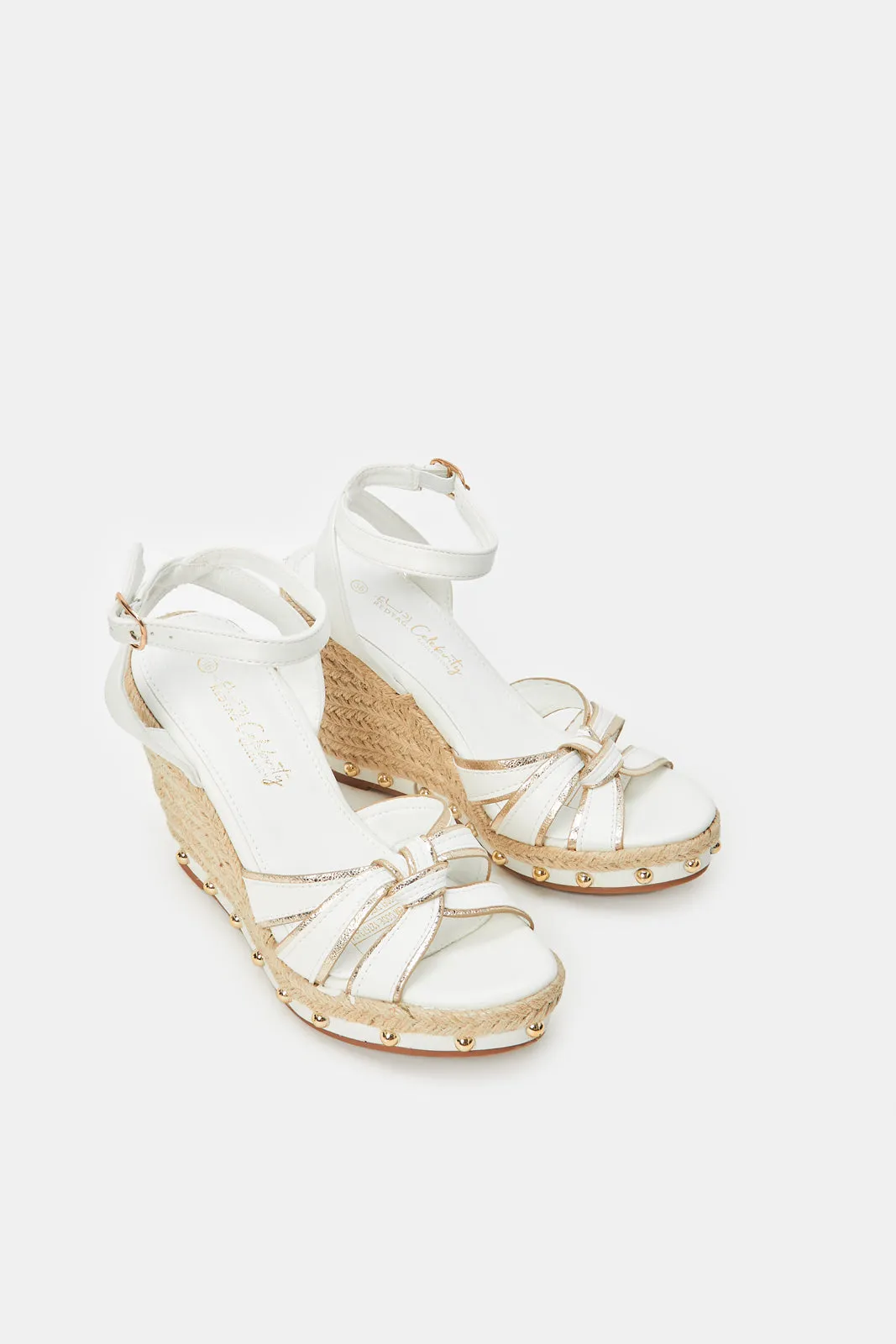 Women White And Gold Raffia Wedge