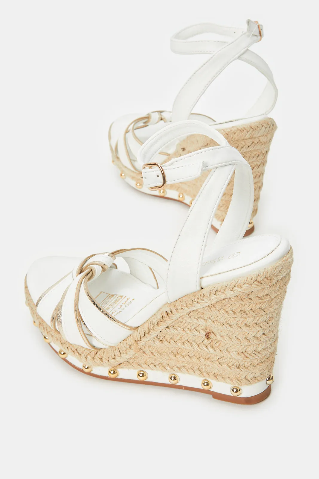 Women White And Gold Raffia Wedge