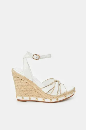 Women White And Gold Raffia Wedge