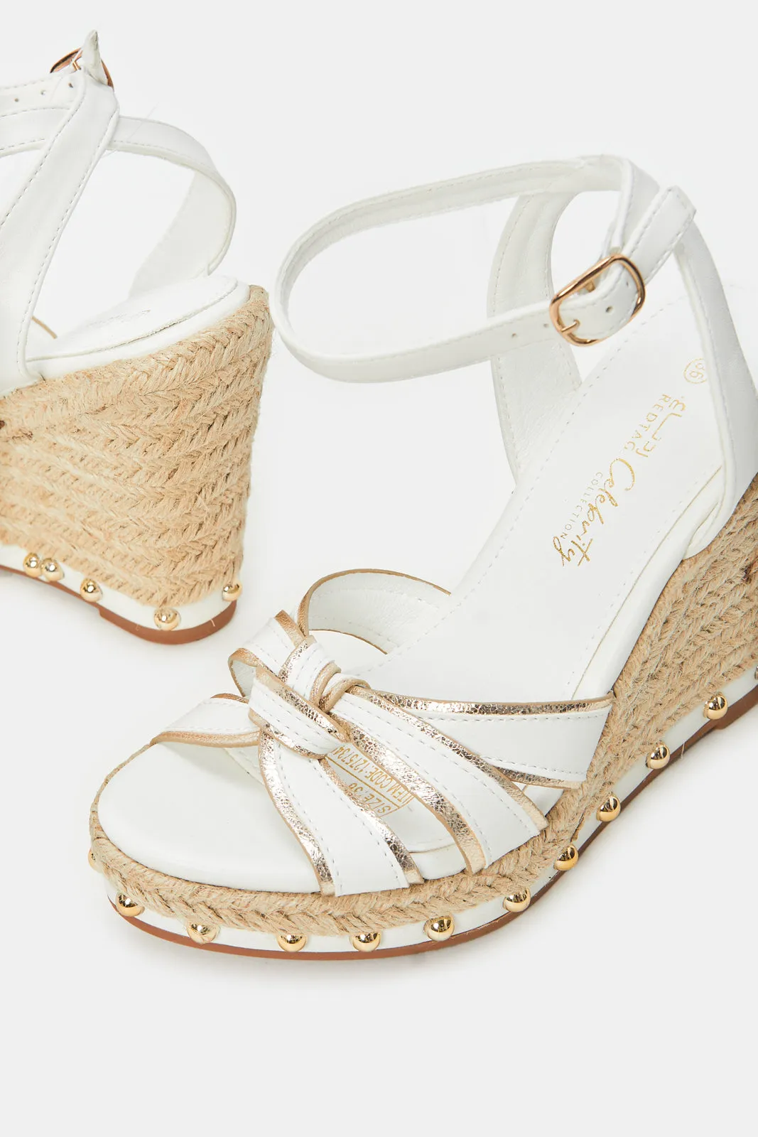 Women White And Gold Raffia Wedge