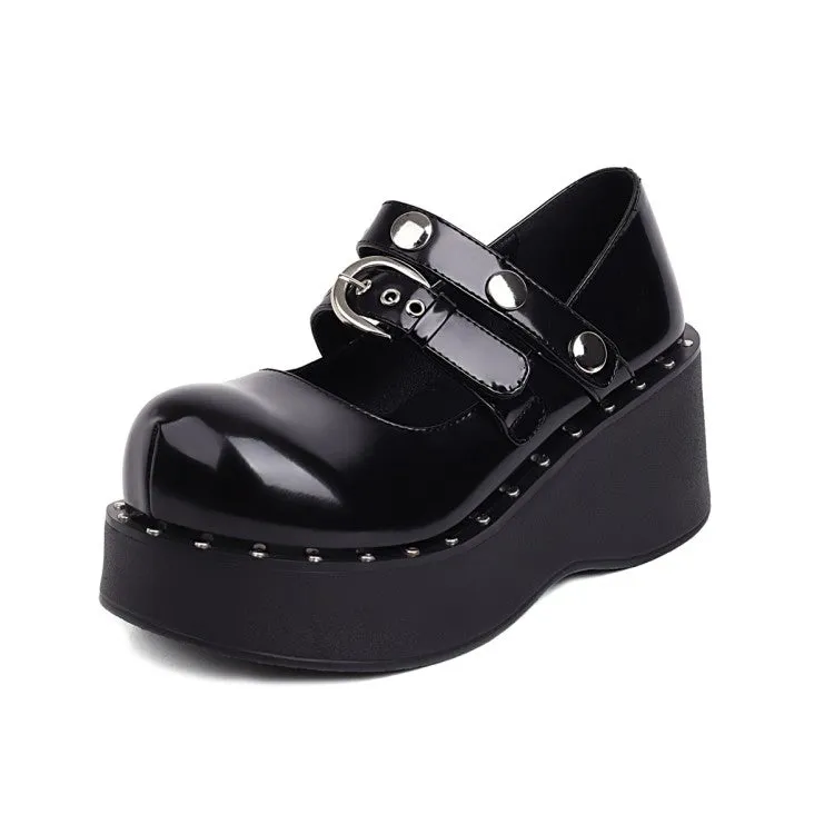 Women's Buckle Rivets Platform Wedge Heels Shoes