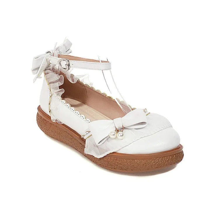 Women's Lolita Round Toe Lace Butterfly Knot Ankle Strap Flat Shoes