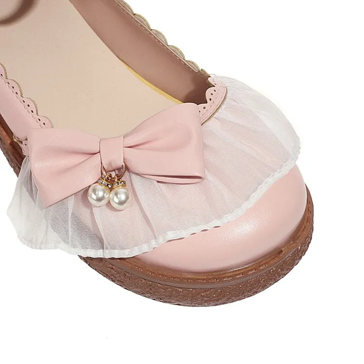 Women's Lolita Round Toe Lace Butterfly Knot Ankle Strap Flat Shoes