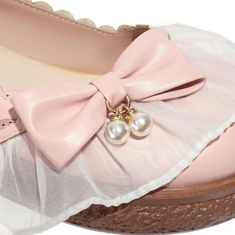 Women's Lolita Round Toe Lace Butterfly Knot Ankle Strap Flat Shoes